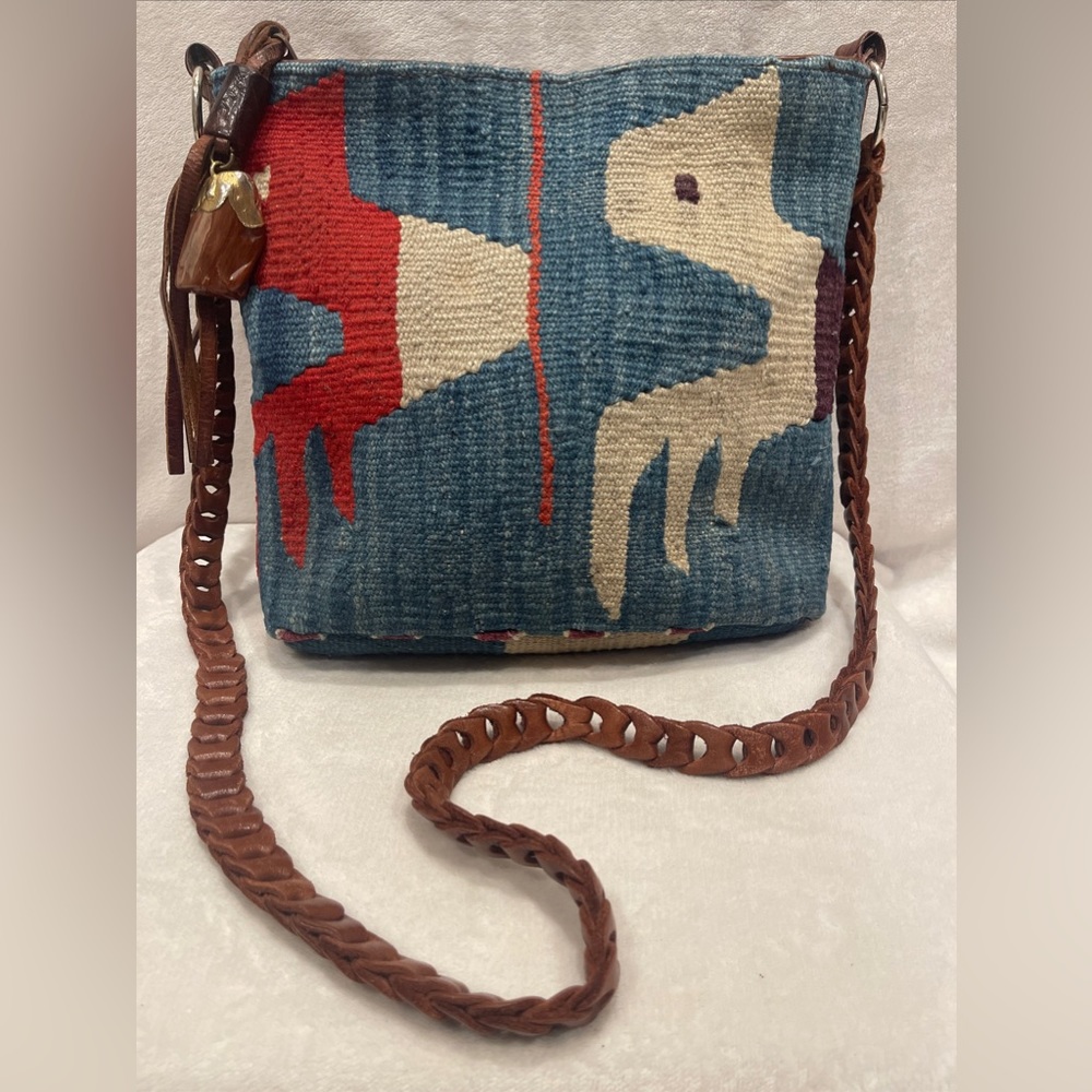 Vintage Wool Kilim & Tooled Leather 80s 90s Crossbody Handbag Purse Bag